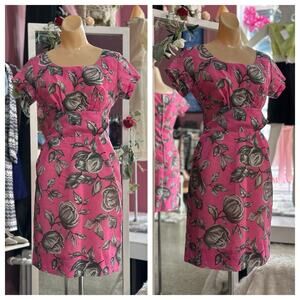 Vintage 50s 60s Wiggle Dress Pink Floral Pencil Butterfly Party MCM XS/S